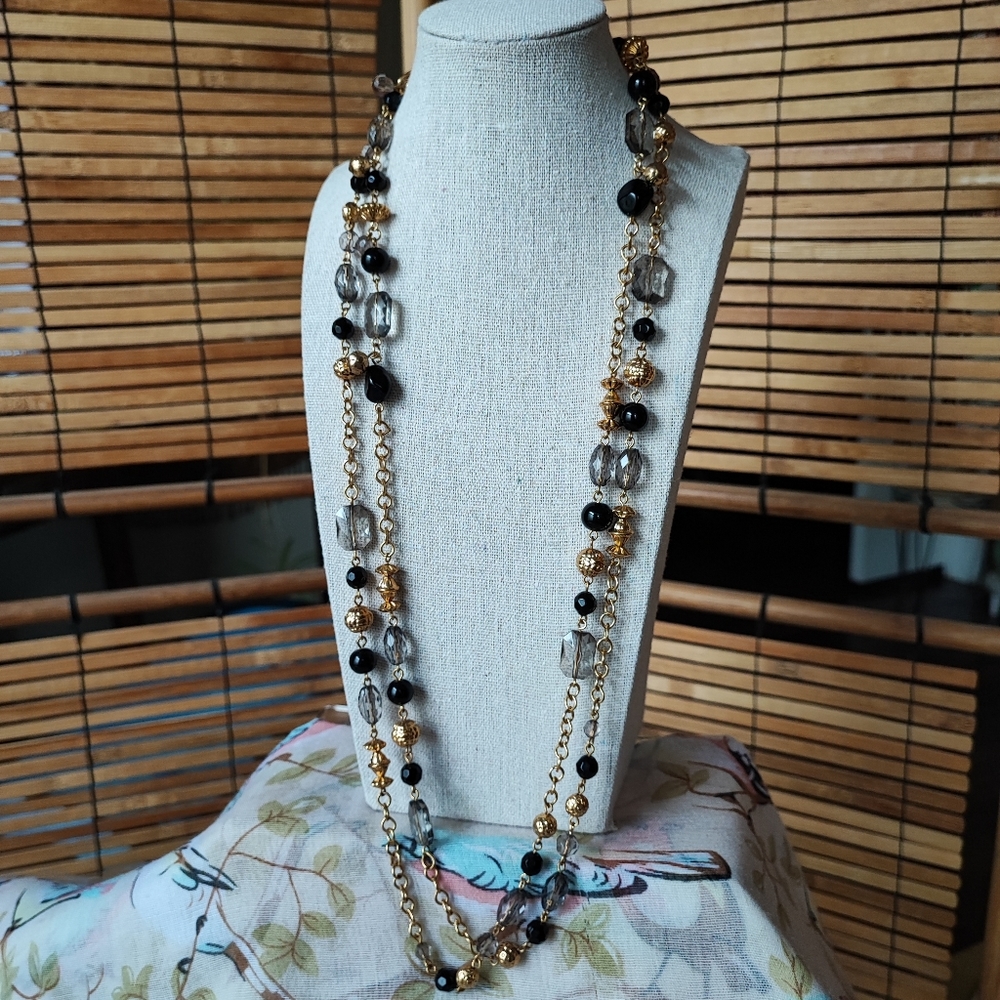 Joan Rivers Signed Extra Long Gold Tone Black Smoke Necklace Acrylic and Glass